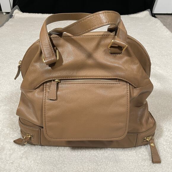 Talbots Tan Leather Satchel Handbag Large Pebbled Multi Zip Compartments NWOT - Picture 1 of 11